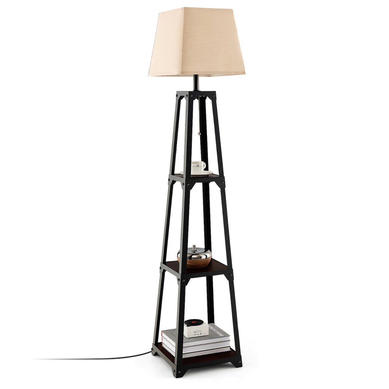 Trapezoidal Floor Lamp Tier Storage Lamp With Linen Shade For Bedroom Study